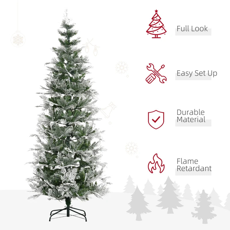 HOMCOM 7.5ft Pencil Snow-Flocked Artificial Christmas Tree – 880 Realistic Cypress Branches, Auto Open, Green 