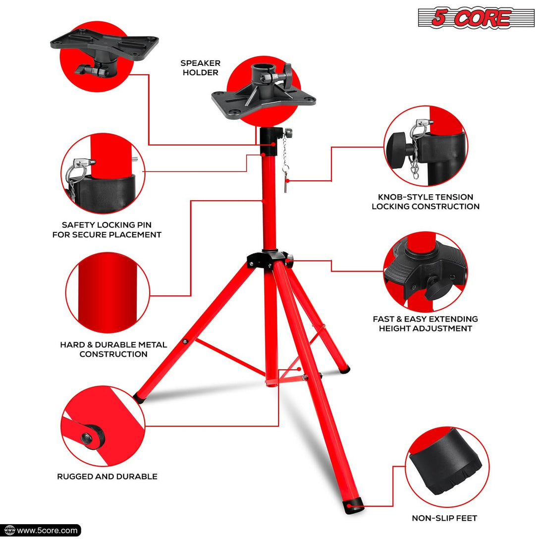 5Core Speaker Stand Tripod Tall Adjustable 72 Inch DJ Pole Mount Studio Monitor Stands RED