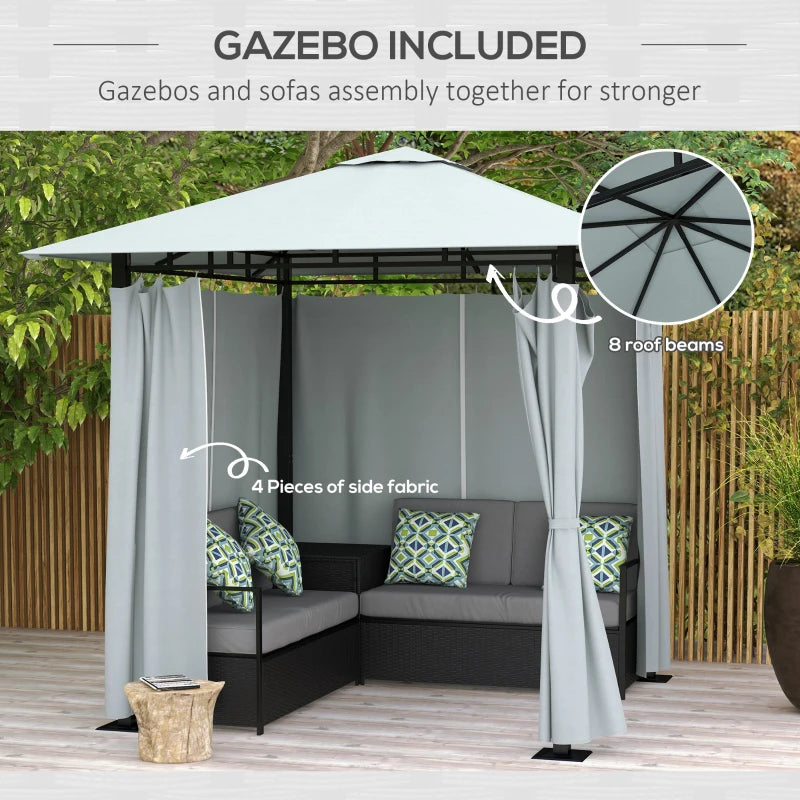 Outsunny Patio Furniture Set with Gazebo, Outdoor PE Rattan Wicker Conversation Sofa with Storage Corner Table, Cushion, for Backyard, Porch, Poolside, Balcony, Grey 