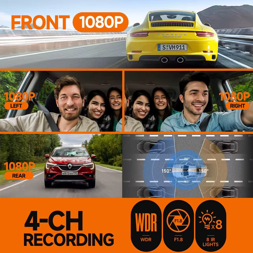 Dash Cam 4 Channel Front and Rear Inside, 360° Car Camera 4K UHD 