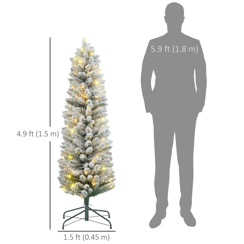 HOMCOM 5FT Prelit Pencil Christmas Tree with Warm White LED Lights, Slim Artificial Snow Flocked Xmas Tree with Metal Base 