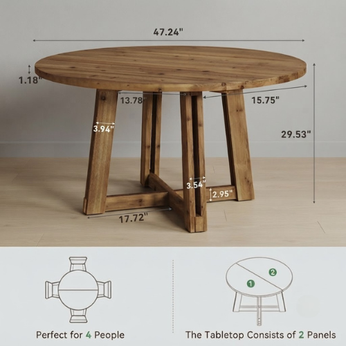 Conference Table 47" Solid Wood Round Meeting Table with Thickened Tabletop and Cross Base Design Brown