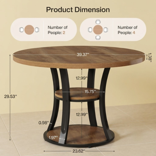 39" Round Conference Table Modern Meeting Room Table with Storage Shelf Metal Base for 2-4 People Industrial Rustic Brown Black