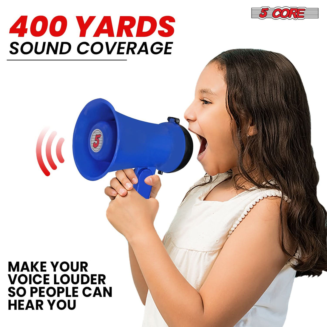 5Core Megaphone Bullhorn Speaker 15W Mini Battery Power Bull horn w Siren 400 Yard Range Blue