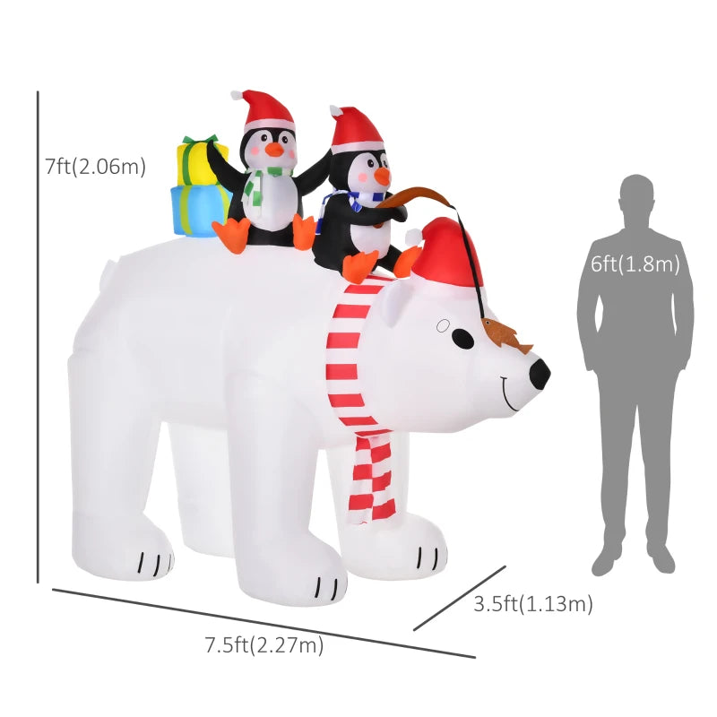 HOMCOM 7ft Inflatable Christmas Decoration – Polar Bear & Two Penguins with Santa Hat, Easy Setup Holiday Yard Blow-Up Decor 