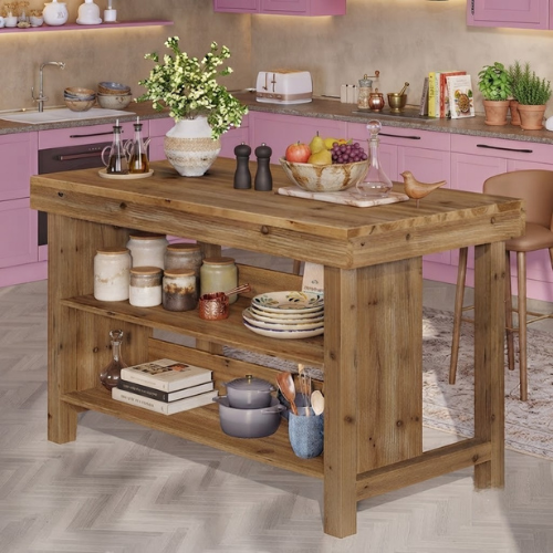 Bar Table 55" Farmhouse 3-Tier Solid Wood Bar Unit with Open Storage Shelves Brown