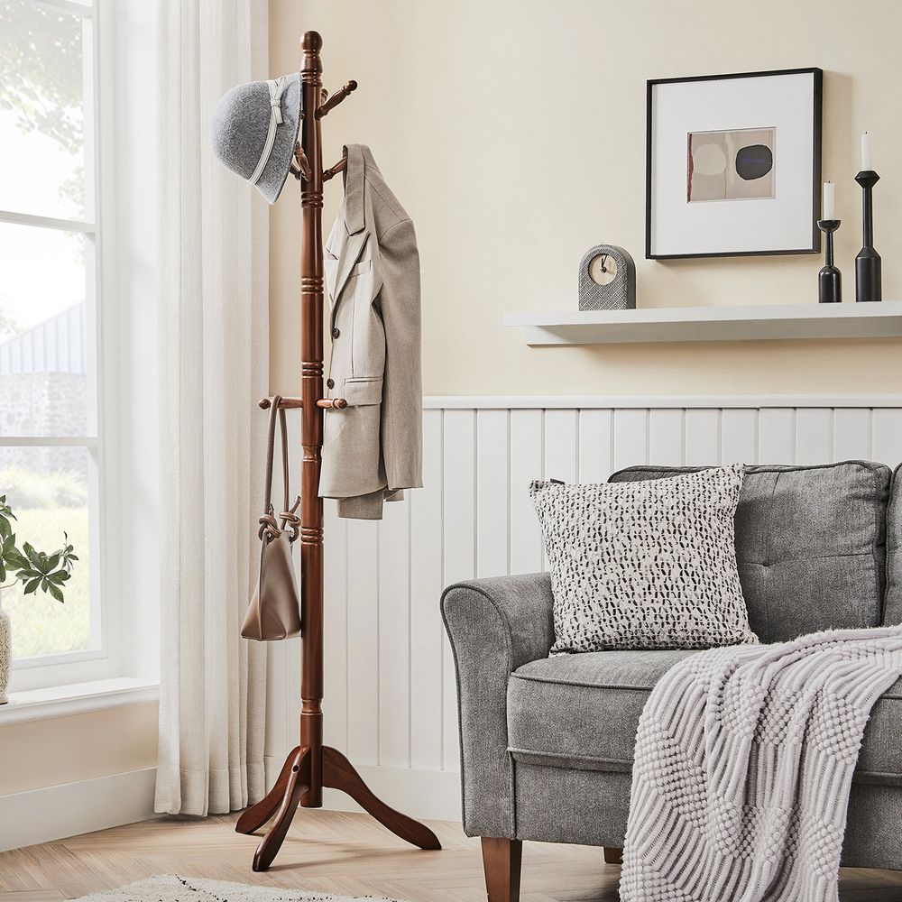 VASAGLE Solid Wood Coat Rack and Stand with 10 Hooks 