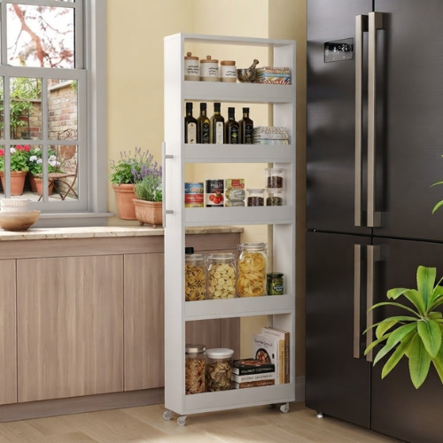 Storage Cart 63" Slim 5-Tier Tall Narrow Mobile Shelf Organizer White
