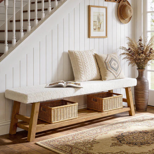 55" Upholstered Entryway Bench, 2-Tier Shoe Storage Bench with Solid Wood Frame and Cushion, White & Brown