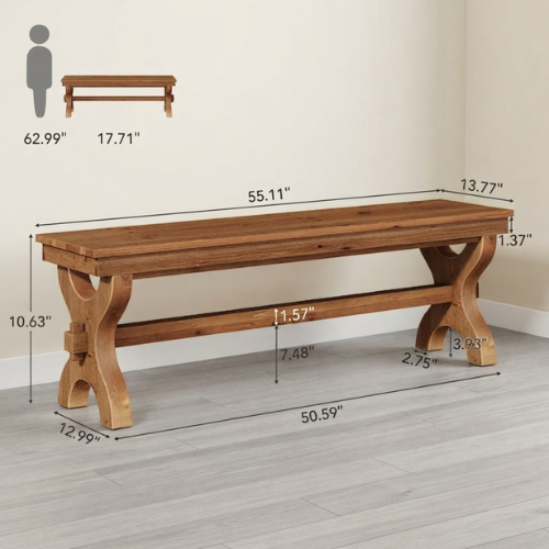 55.11" Solid Wood Farmhouse Bench, Rustic Entryway & End-of-Bed Bench with Curved Legs, 300 lb Capacity, Brown