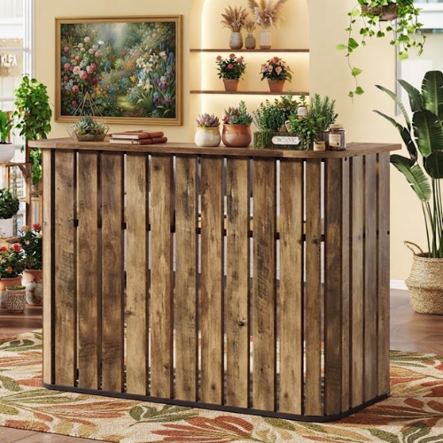 Reception Desk 63" U-Shaped Front Desk with Counter Two-Tier Workspace Slatted Panel Modern Office Retail Counter Rustic Brown