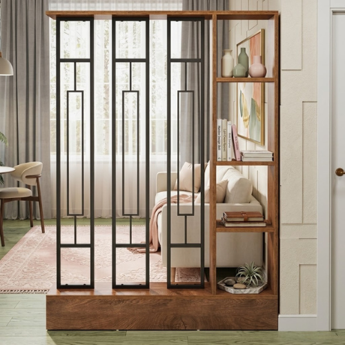 70.9" Freestanding Room Divider with Shelves, Modern Open-Shelf Wall Partition, 4-Tier Display Shelf for Living Room & Office