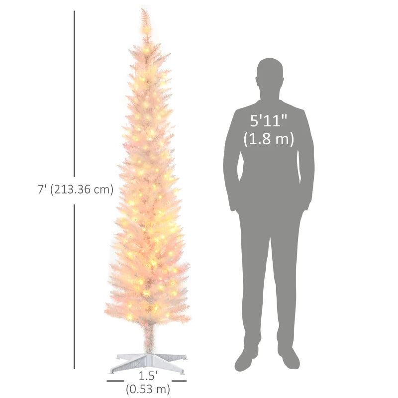 HOMCOM 6ft Pre-Lit Pencil Artificial Christmas Tree – Colourful Surface Tips with Colourful LED Lights, White 