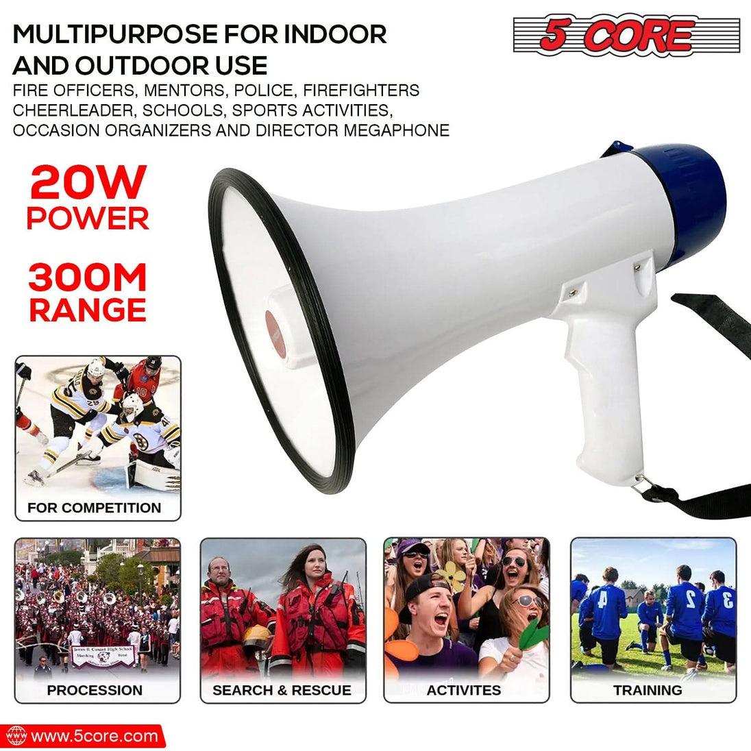 5Core Megaphone Bullhorn Speaker 20W Bull Horn Battery Power Cheer Megafono Loudspeaker