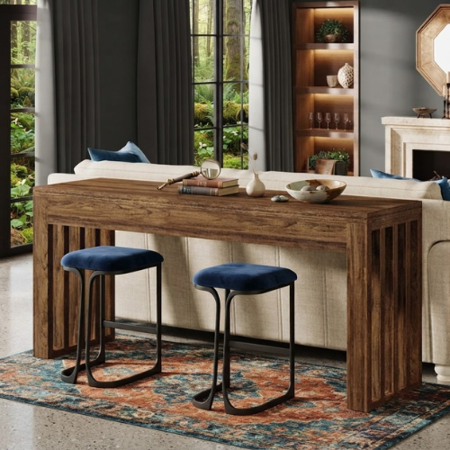 Bar Table 63" Farmhouse Counter Height Pub Dining Table for Bistro with Thick Tabletop and Slatted Base Design Rustic Brown