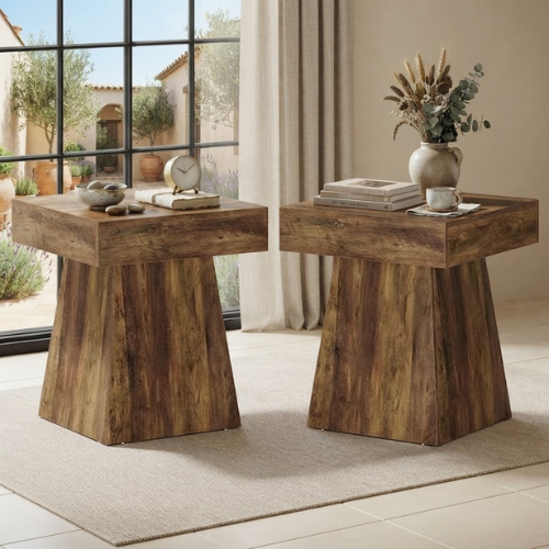 19.7" Mushroom Shape Side Table, Rustic Square End Table with Wide Pedestal Base for Living Room, Bedroom & Office