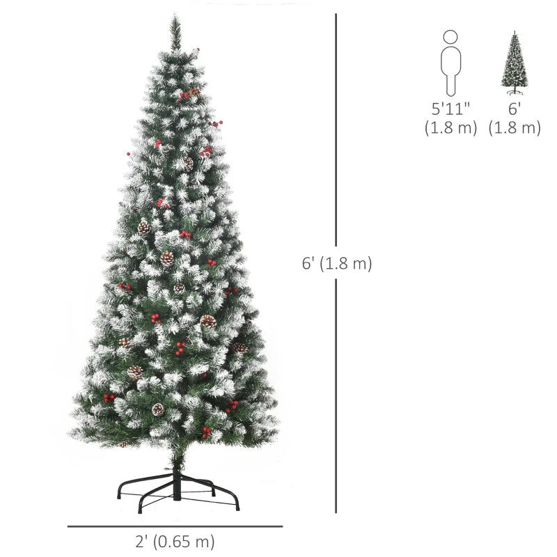 HOMCOM 6ft Decorated Flocked Artificial Christmas Tree – Red Berries, Pine Cones, Pencil Shape, Green 