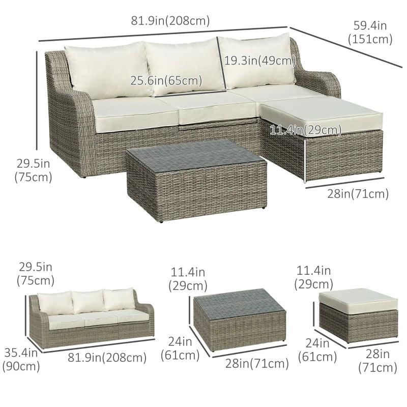 Outsunny 3 Pieces Wicker Patio Furniture Set with Liftable Middle Table, Aluminum Frame Full Assemblied Outdoor Sectional Conversation Sofa Set with 4" Thick Padded Cushions, Beige