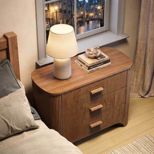 Nightstand 31.5" Oversized Bedside Table with 3 Drawers Mid-Century Modern Fluted Design Wide Storage Cabinet Brown Finish for Bedroom
