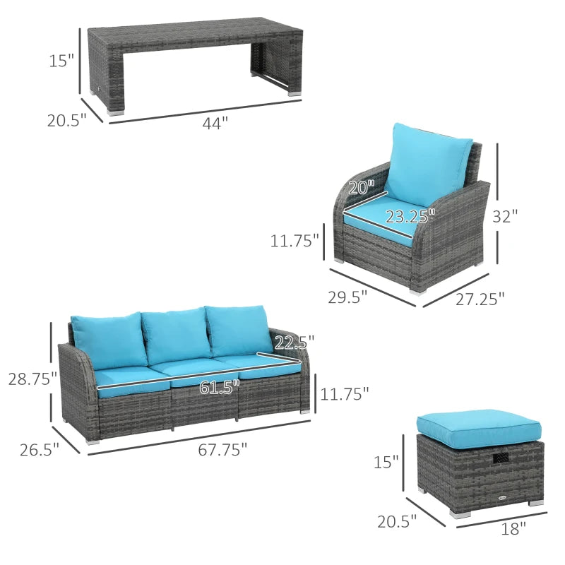 Outsunny 6 Pieces Patio Furniture Set, Conversation Set Wicker Sectional Set Cushioned Outdoor Rattan 3-Seat Sofa, 2 Adjustable Recliners, 2 Footstools & Table Set for Lawn Garden Backyard, Sky Blue