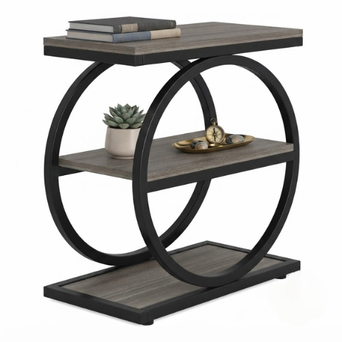 End Table 3-Tier Industrial Sofa Side Table with Round Metal Frame and Storage Shelves for Living Room Bedroom