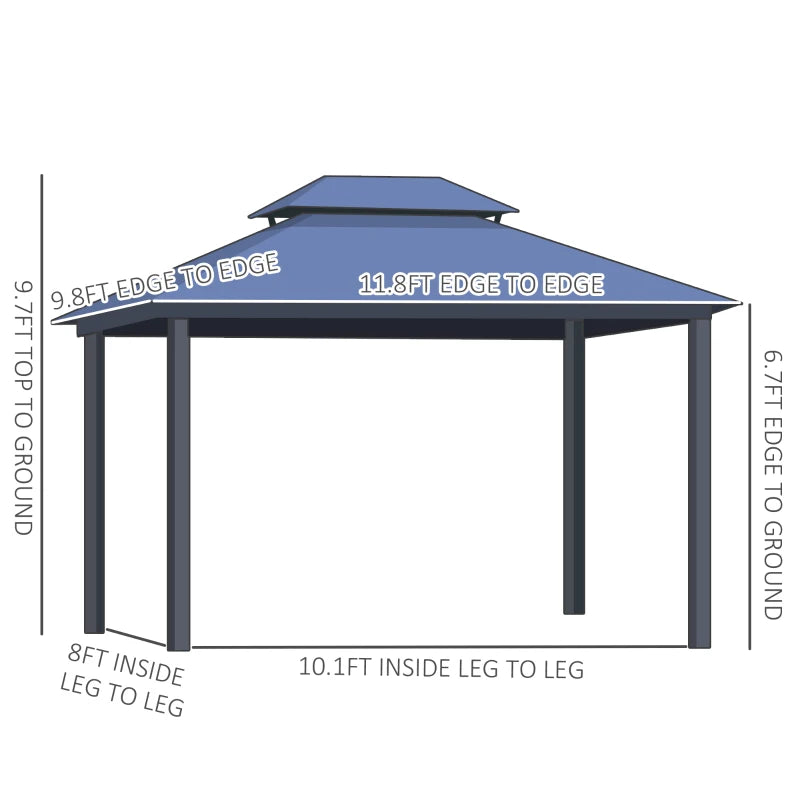 Outsunny 10'x12' Hardtop Patio Gazebo Aluminum Gazebo Canopy with Double Tier Roof, Curtains, Netting Sidewalls, Black & Grey 