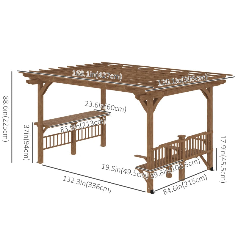 Outsunny 14' x 10' Outdoor Pergola, Wooden Gazebo Grill Canopy with Bar Counters and Seating Benches, for Garden, Patio, Backyard, Deck