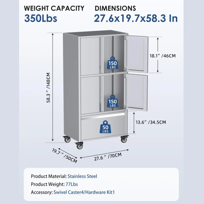 YODOLLA 58.3" Stainless Steel Storage Cabinet with Drawer & Locking Casters