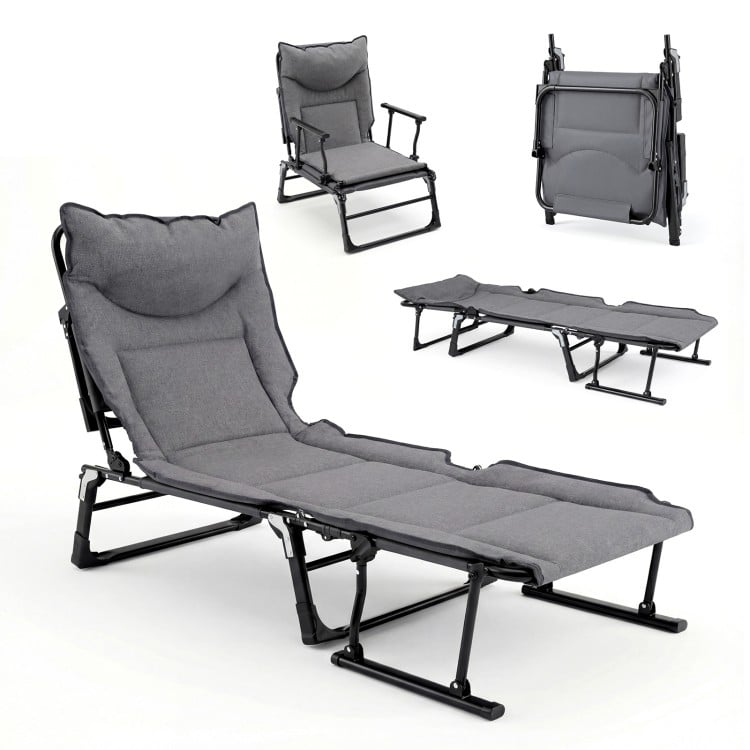 3 in 1 Folding Camping Cot and Comfy Padded Convertible Single Sofa Chair-Gray