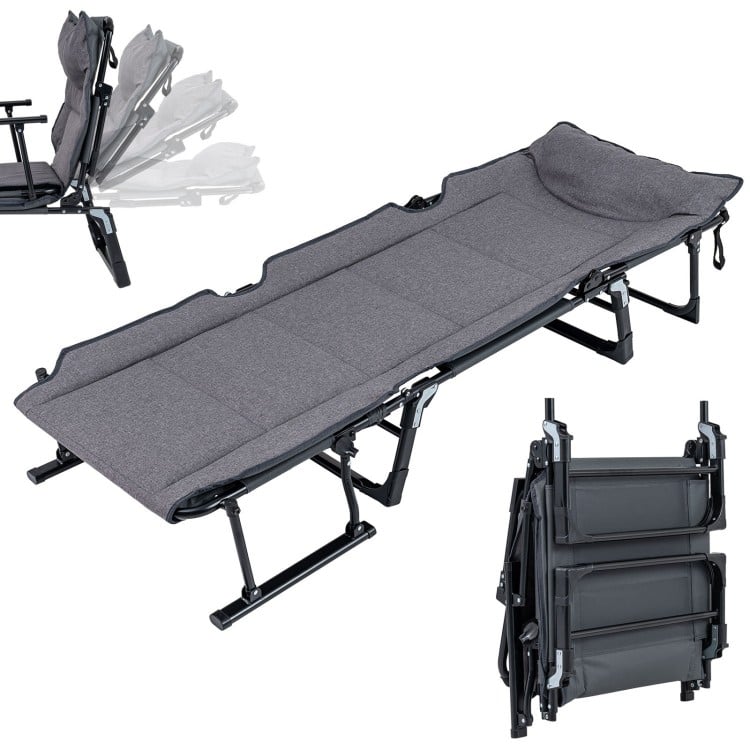 3 in 1 Folding Camping Cot and Comfy Padded Convertible Single Sofa Chair-Gray