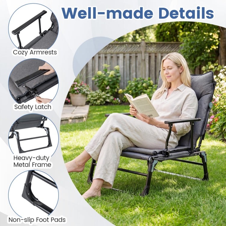 3 in 1 Folding Camping Cot and Comfy Padded Convertible Single Sofa Chair-Gray