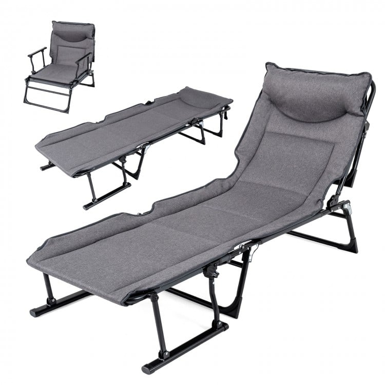 3 in 1 Folding Camping Cot Comfy Padded Convertible Single Sofa Chair-Gray