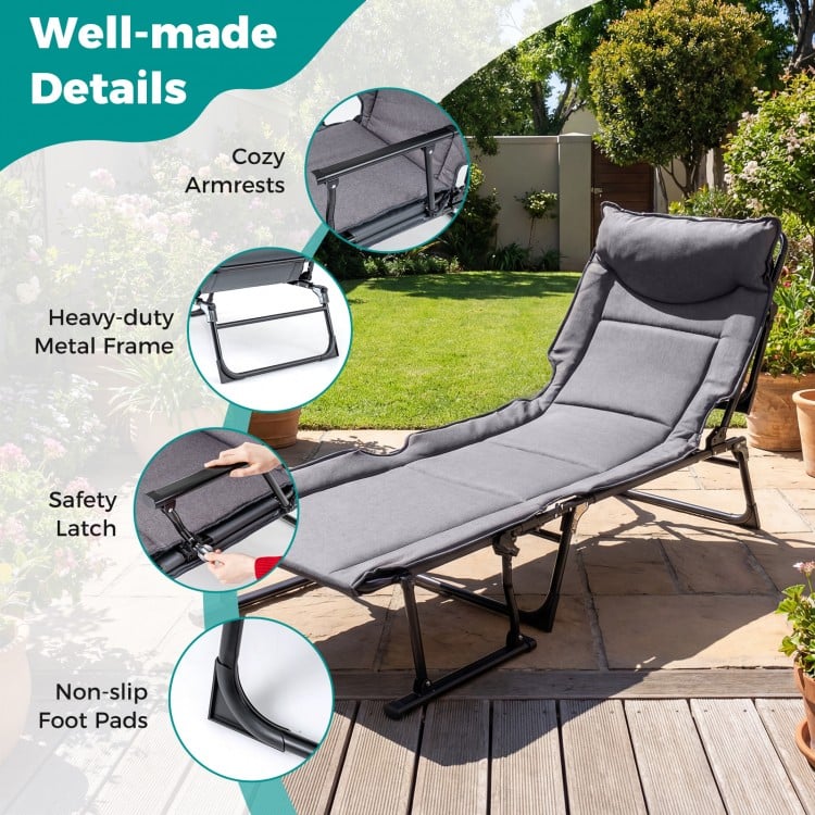 3 in 1 Folding Camping Cot Comfy Padded Convertible Single Sofa Chair-Gray
