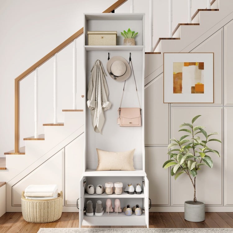 3-in-1 Hall Tree with Bench and Storage 23.5” Wide Mudroom Storage-WHite
