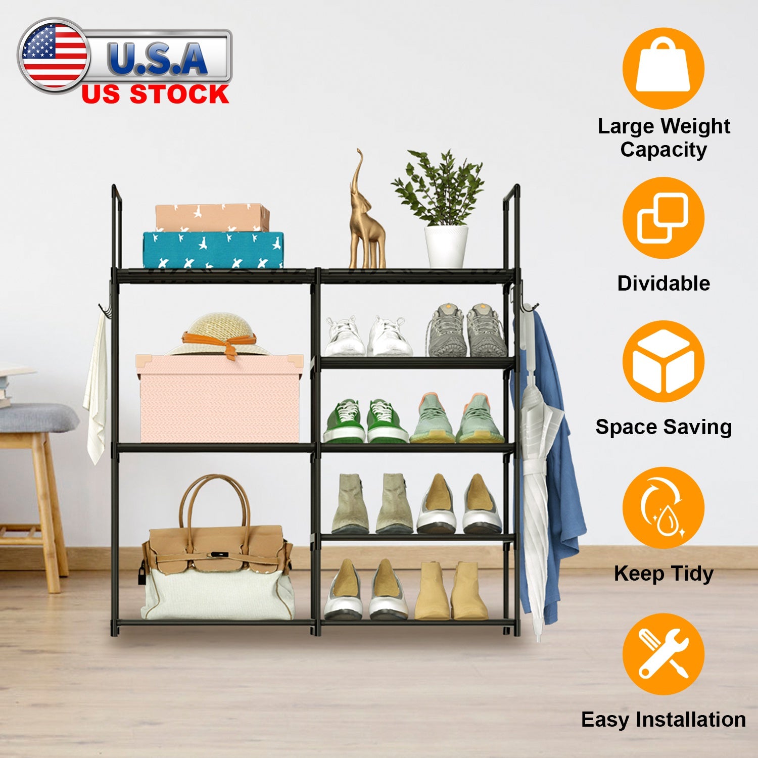 5 Tiers Plus 3 Tiers Shoe Rack Metal Shoe Storage Shelf Free Standing Shoe Stand 16+ Pairs Shoe Tower Unit Tall Shoe Organizer with 2 Row Hooks for En 