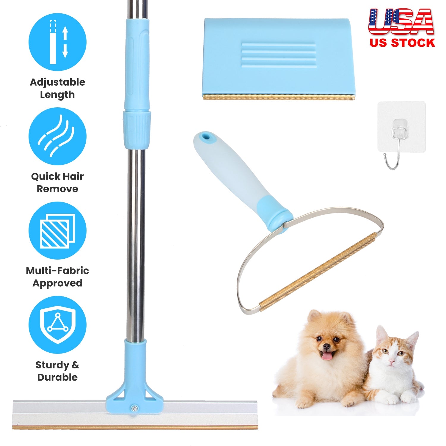 3Pcs Pet Hair Removal Kit Multi-Fabric Dog Cat Hair Scraper Lint Shaver Rake Adjustable Telescopic Rod For Carpet Rug Clothes Couch