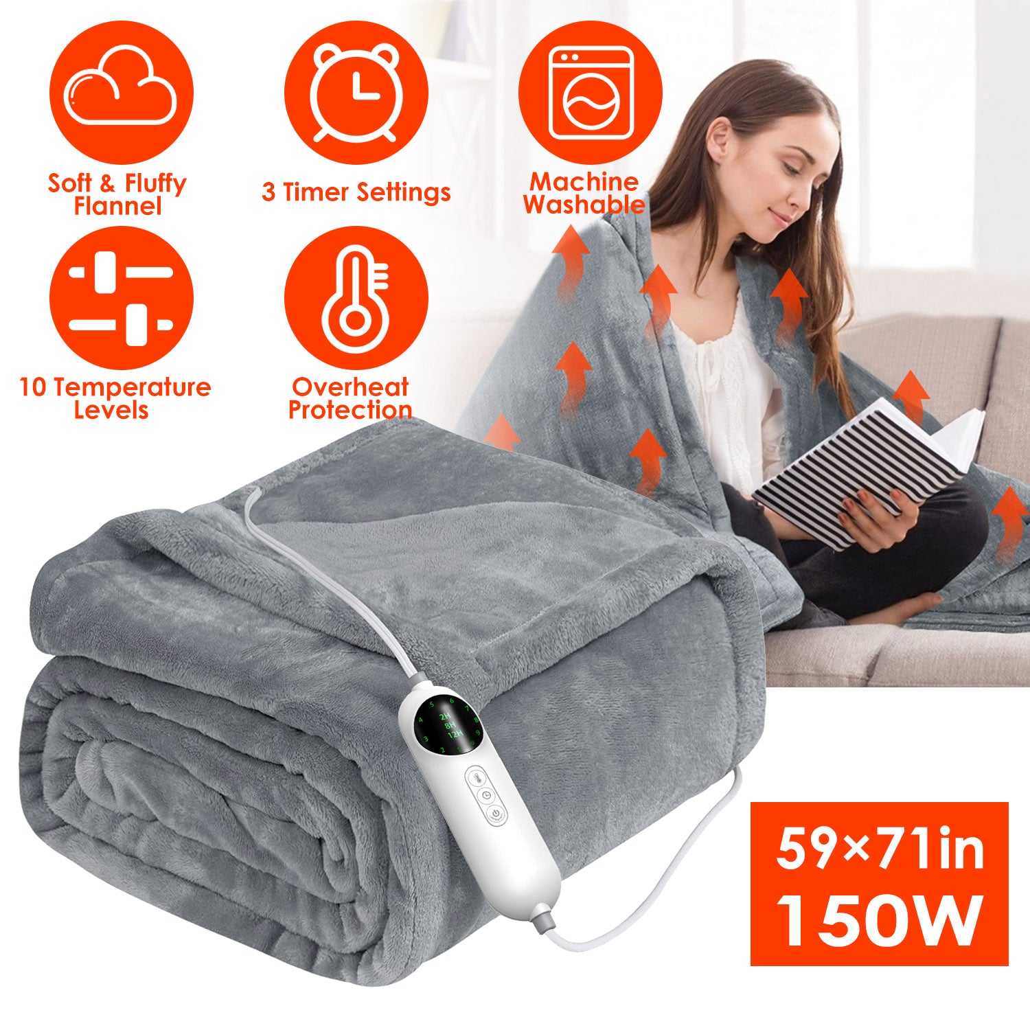 Electric Heated Throw Flannel Heated Blanket with 10 Heat Settings Auto off Washable for Home Office Usage 59x71in