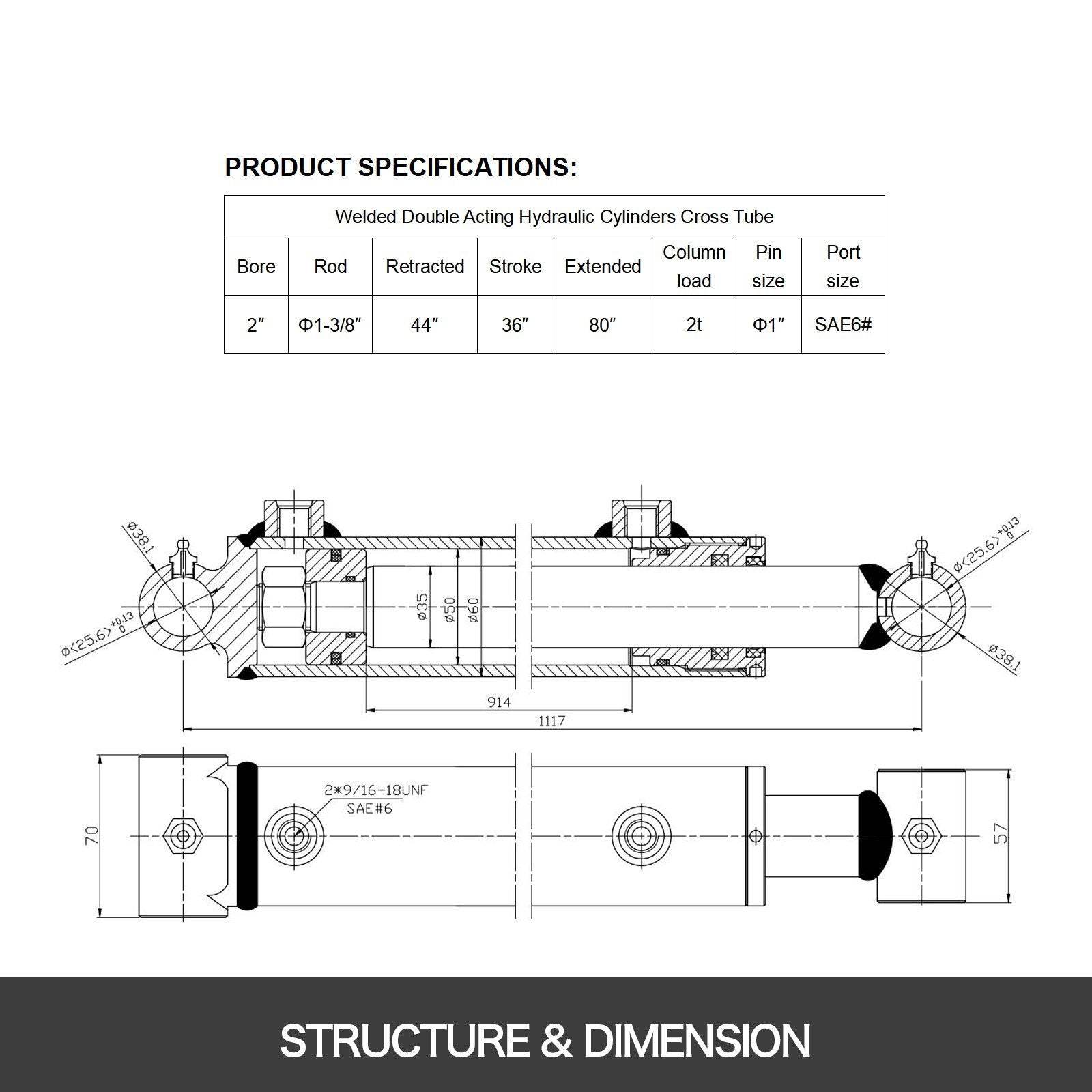 Hydraulic Cylinder 2 Bore 36 Stroke Hydraulic Ram Cylinder 3000psi Hydraulic Cylinders Welded Double Acting Cross Tube SAE6 Port Hydraulic Lifting Cylinder 