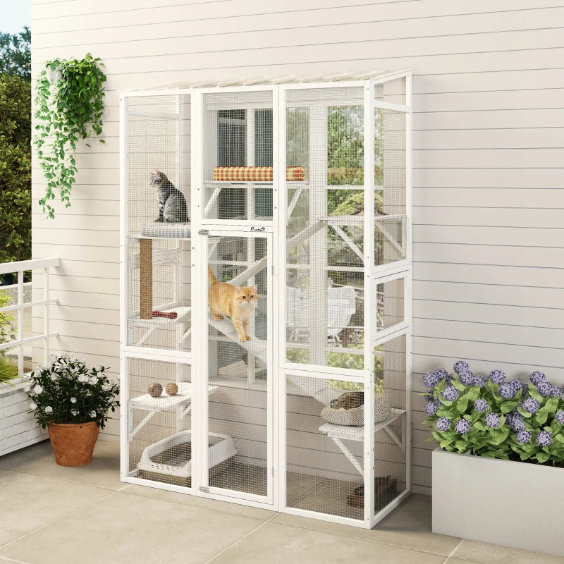 Wooden Catio Outdoor Cat Enclosure with 6 Jumping Platforms, Scratching Post, 2 Ramps, Waterproof Roof, White