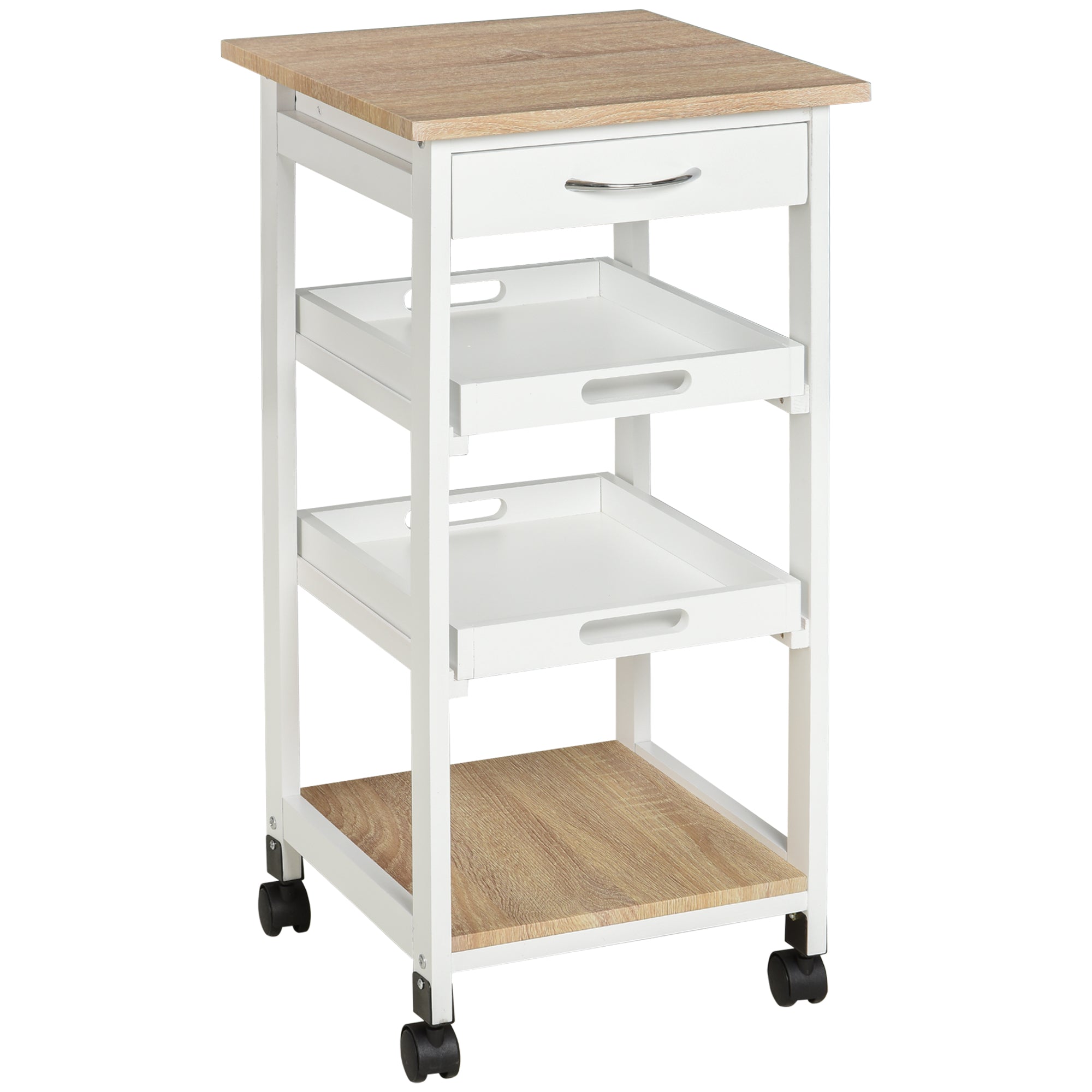 HOMCOM Culinary Caddy: 4-Tier Serving Trolley Kitchen Cart with Drawer, Pull Out Trays, Rolling Wheels for Dining Room, White Finish 