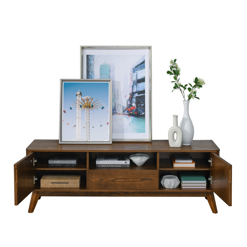 Mid Century Modern Fluted TV Stand for 65-Inch TVs - Farmhouse Media Console with 2 Doors & 1 Drawer, Solid Leg Design, Durable Non-Wood Construction, Space-Saving Storage Entertainment Center for Living Room, Apartment, Offi 