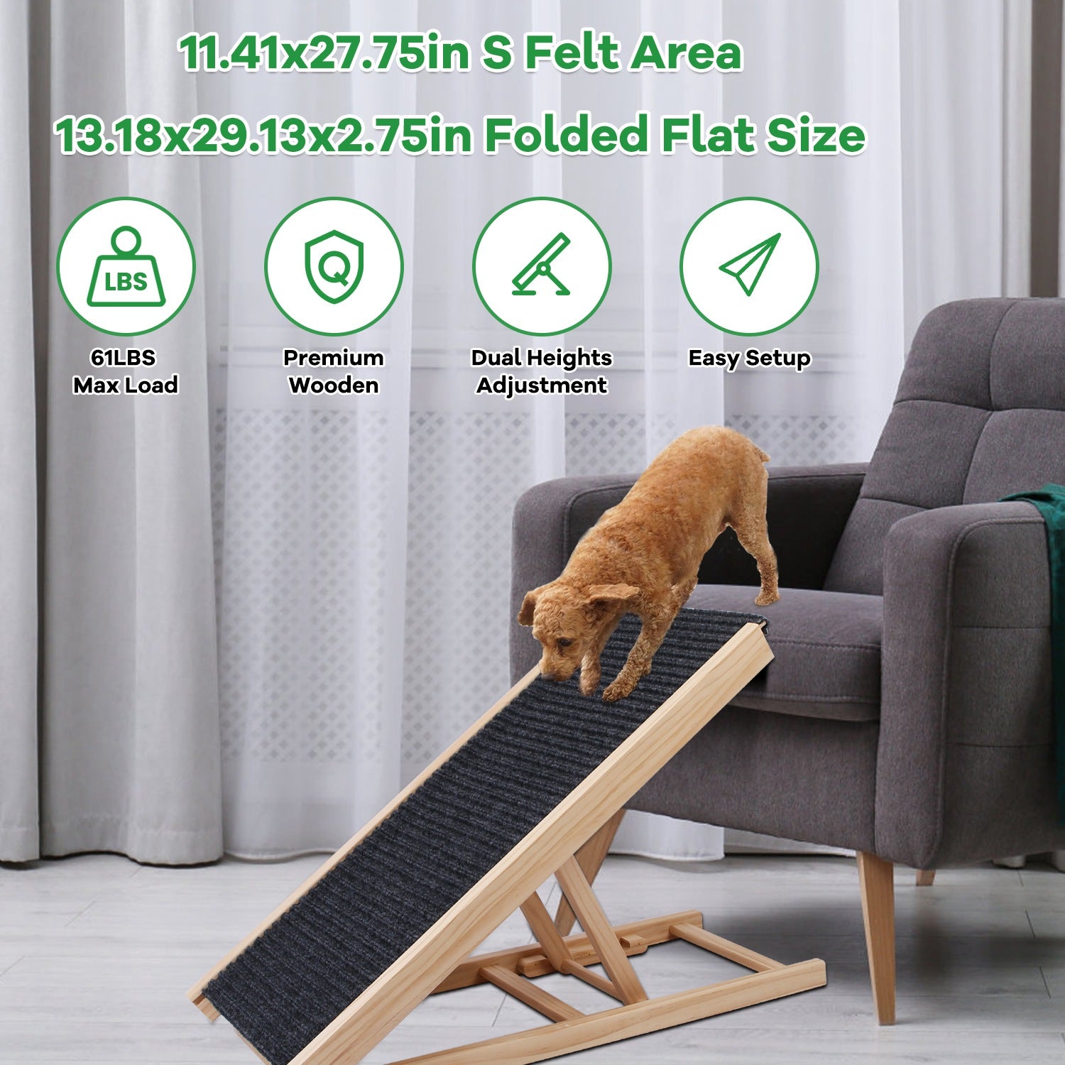 Foldable Wooden Dog Ramp for High Beds Non Slip 4 Heights Adjustable Pet Cat Ramp for Couch Car SUV 176LBS Load