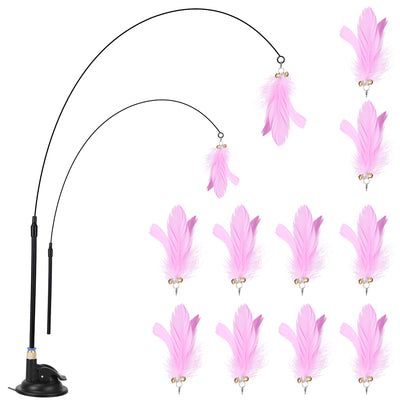 Cat Feather Toys Wand Rod Interactive Cat Spring Bell Play Toys with 12Pcs Feather Replacements Suction Cup Base for Cats Kitten 