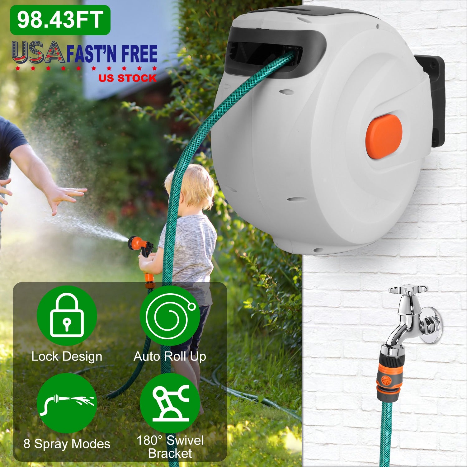 Retractable Garden Hose Reel Wall Mounted Automatic Water Hose Reel with Any Length Lock 8 Pattern Spraying Modes 180° Swivel Bracket