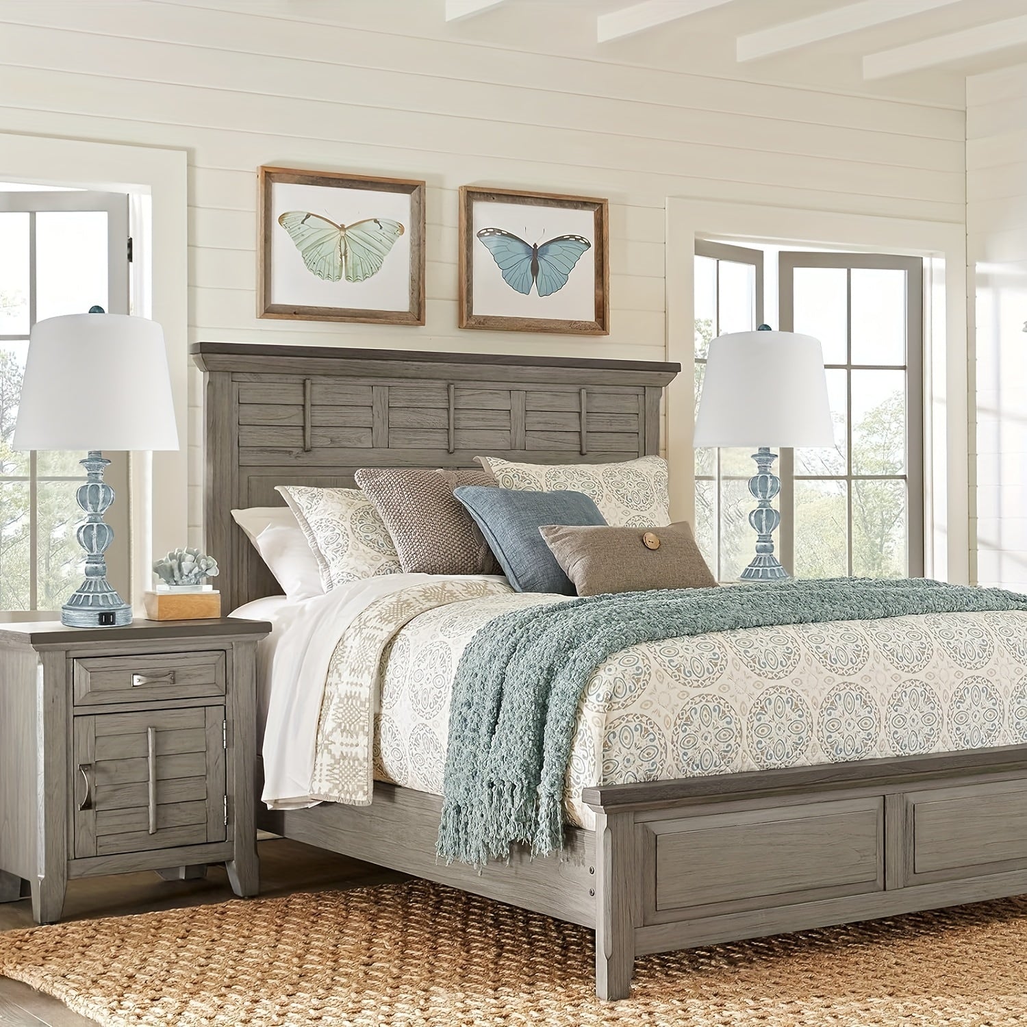 Coastal Farmhouse Table Lamp Set – 3-Way Dimmable Touch Control with Dual USB Ports, Blue Washed White Finish – Perfect for Nightstands or Living Rooms (Set of 2) 