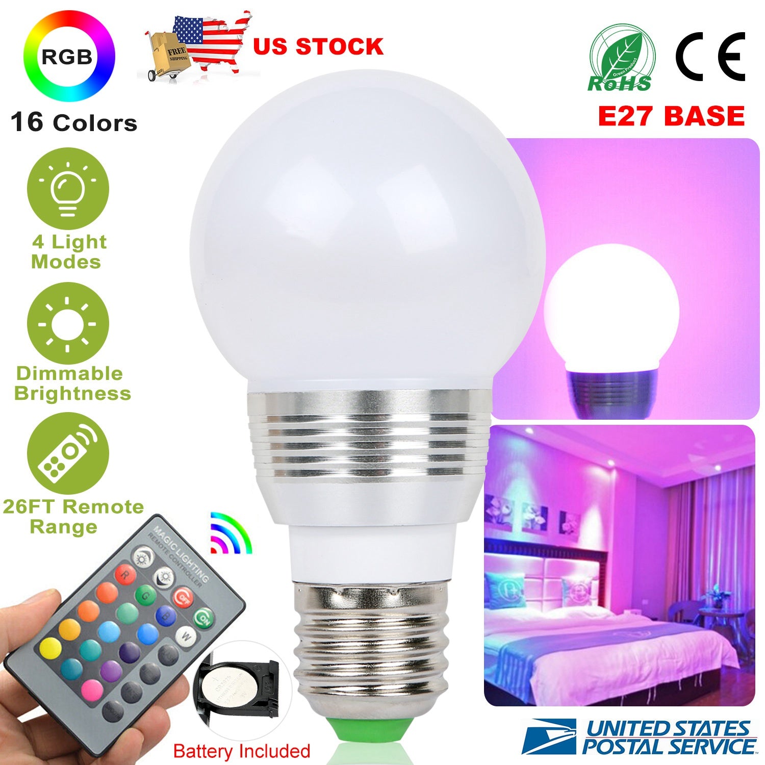 16 Colors Change LED Bulbs E27 3W RGB Dimmable Mood Lighting Lamp IR Remote Control 