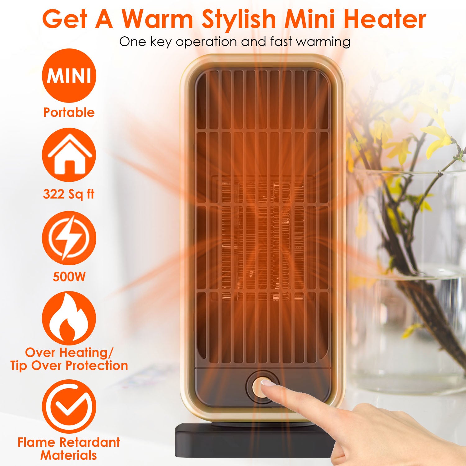 500W Portable Electric Heater PTC Ceramic Heating Space Heater Overheating Tip Over Protection 3S Heating Space For 322 Sq FT Home Office Use