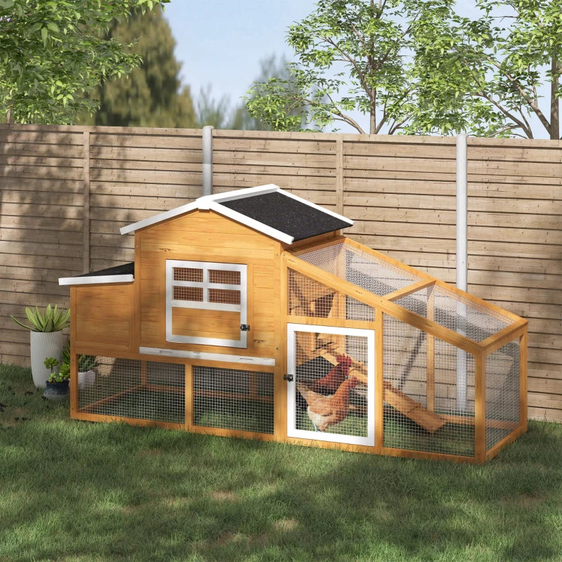 79" Wooden Chicken Coop, Outdoor Hen House, Poultry Habitat with Removable Tray, Nesting Box, Run, Ramp, Brown
