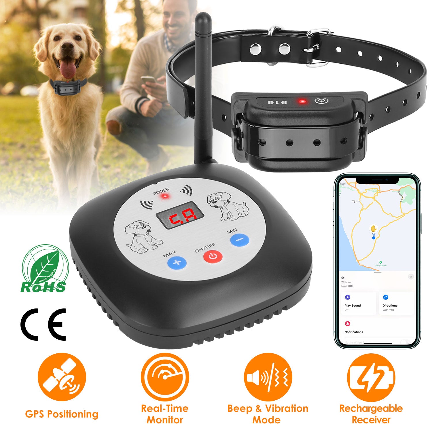 328FT Electric Wireless Dog Fence System With GPS Location Monitor Collar Receiver Rechargeable Beep Vibration Fence System for Small Medium Large Dog 