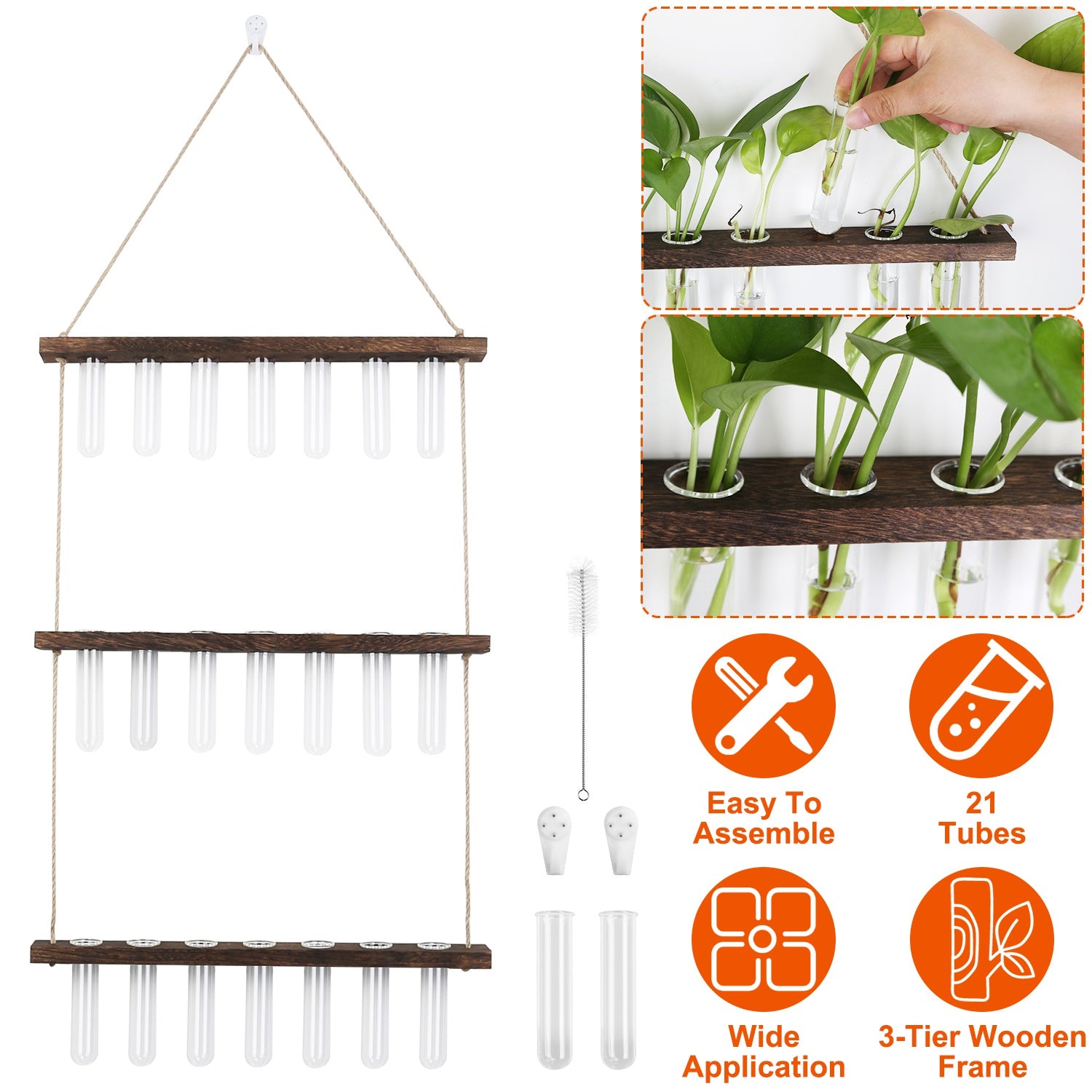 3-Tier Wall Hanging Planter Glass Hydroponic Vase Plant Flower Propagation Tube Planter Terrarium with Wooden Stand 